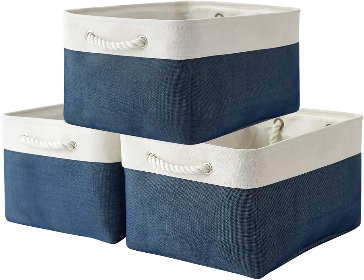 Summer Collapsible Storage Basket for Shelves - Large 3 Pack 16x12x8 inch Storage Basket for Organizing with Handles, Canves Storage Box for Organizer Toy Closet Cloth Gift (White & Jean Blue)